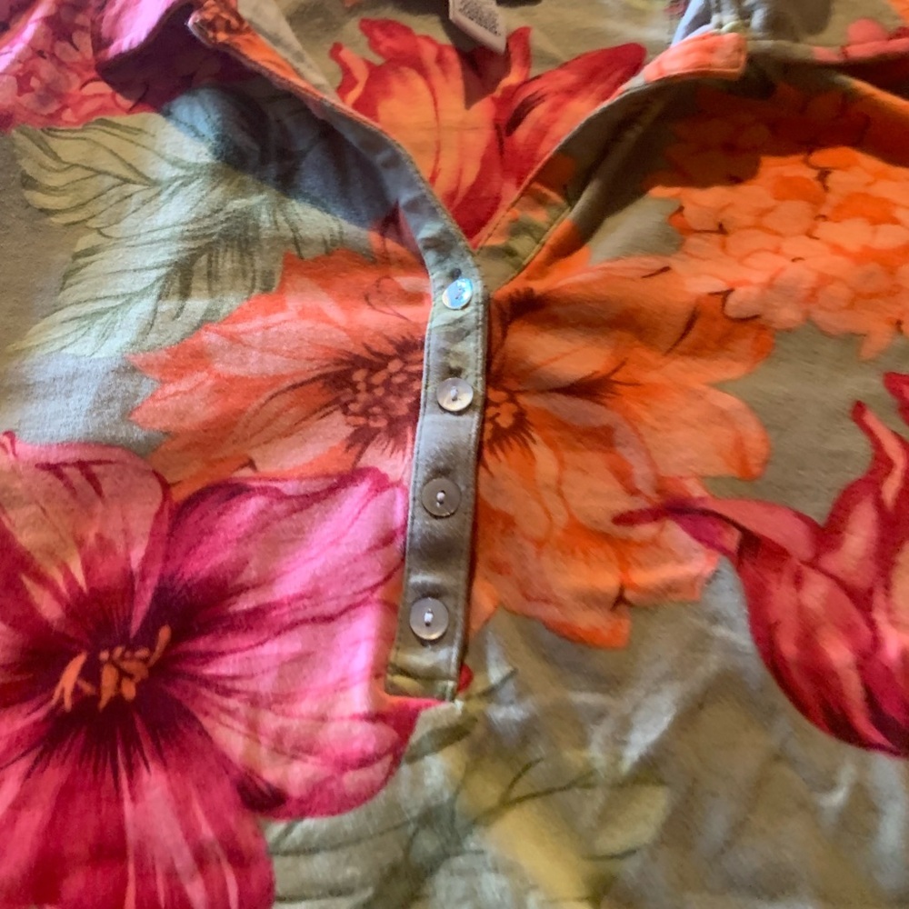 Caribbean Joe Women’s Floral Polo Blouse - Pink & Orange Bloom Size Large - Picture 5 of 7